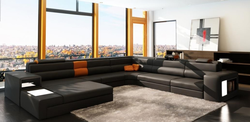 Design Couch Sofa Corner sofa Upholstery Corner Seat Suite Living landscape Leather USB+LED