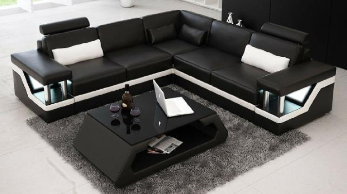 LEATHER SOFA XXL Suite Living landscape Corner sofa Leather Corner sofa Black / White