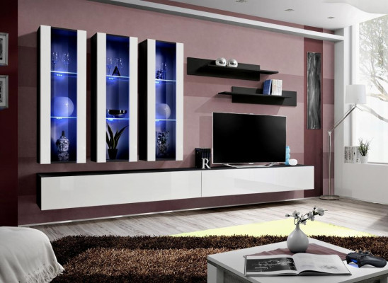 Wall unit hanging display case living room lowboard TV stand modern design set 7 pieces.