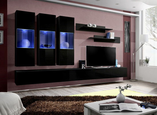 Set of 7 pieces wall unit wooden furniture 2x TV stands modern wall shelves black