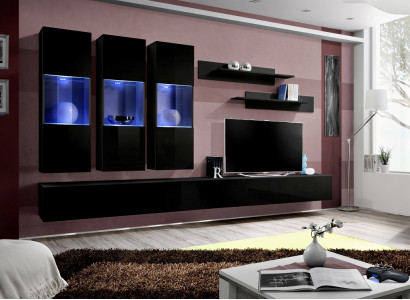 Set of 7 pieces wall unit wooden furniture 2x TV stands modern wall shelves black