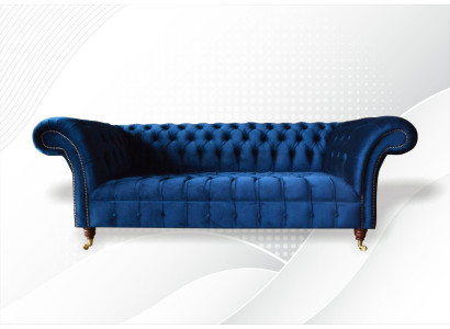 Chesterfield 3 Seater Blue Design Couches Upholstery Sofas Velvet fabric Textile Luxury