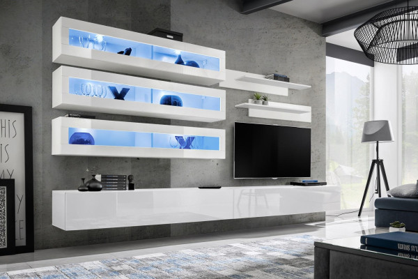 Suite 7-piece living room set designer style wall unit TV lowboard 2x wall shelves