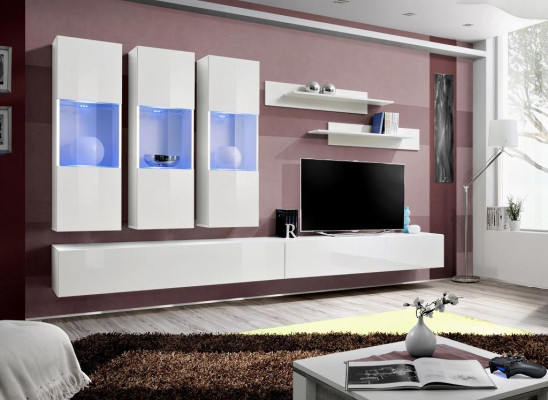 Living room TV cabinet Hanging Display case Wall unit Wood Design White Modern new Set 7pcs.
