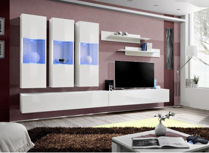 Living room TV cabinet Hanging Display case Wall unit Wood Design White Modern new Set 7pcs.