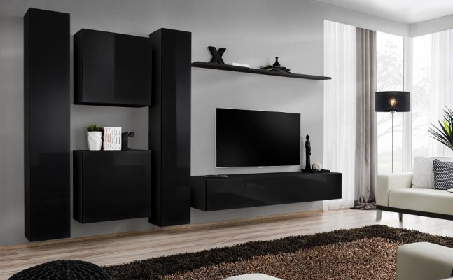 Black Wall unit TV stand Luxury Living room Furniture Complete e Set 6 pieces Modern