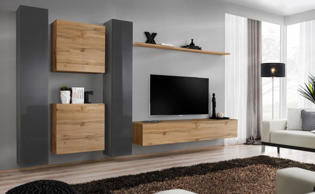 Braun Wall unit Designer Sideboard Modern TV Lowboard Living room Wall shelf