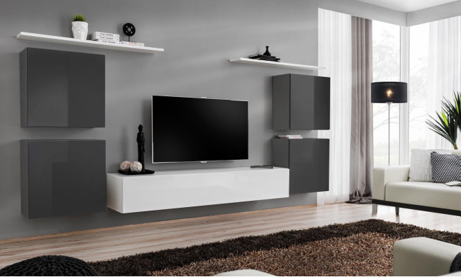 Living room White Wall unit Set Wall shelf TV lowboard wooden furniture 2x Display case Wall unit