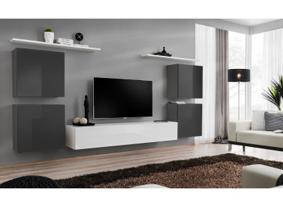 Living room White Wall unit Set Wall shelf TV lowboard wooden furniture 2x Display case Wall unit