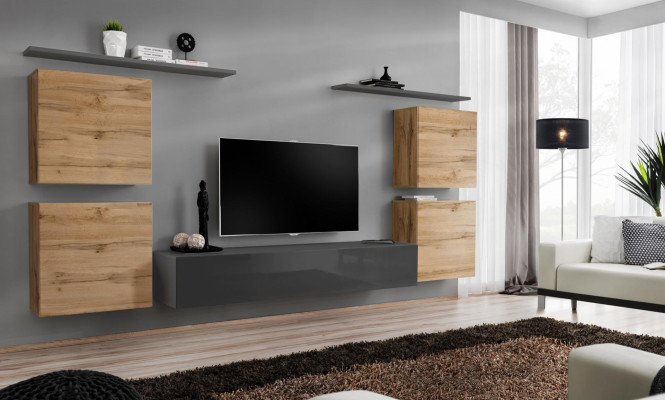 Wooden furniture Wall unit Living room Gray Wall shelf Luxury Furnishings new