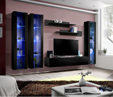 Black Wall unit hanging display case set 6 pcs Living room Suite Modern wooden furniture