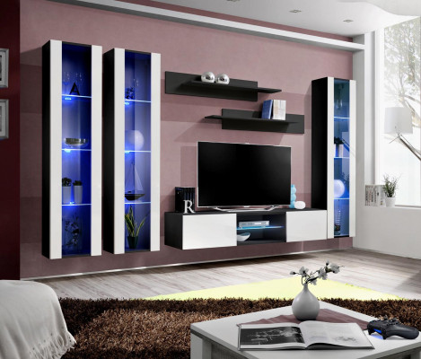 Luxury Complete High Gloss Wall unit Hanging Display case Wood Furnishings Living room