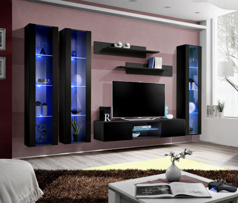 Luxury Black Wall unit Hanging Display case Designer Living room Wood Furniture Furnishings