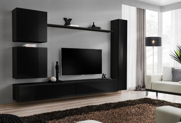 Luxury Black Wall unit Designer wall cabinet set 6 pieces wooden furniture Living room furniture
