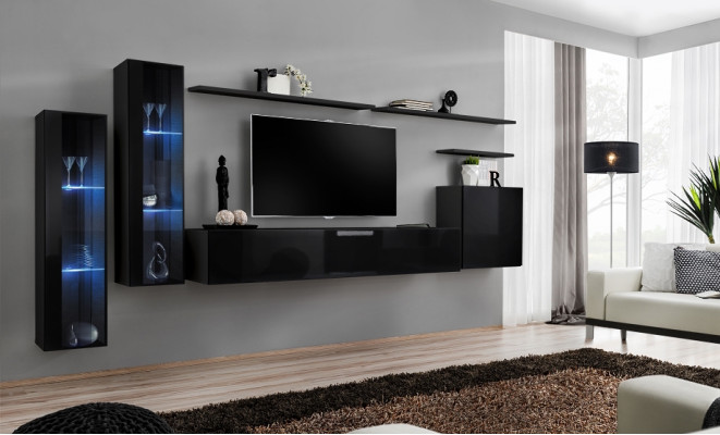 Black Wall unit Suite Living room Wall shelf Luxury Display case Complete Set