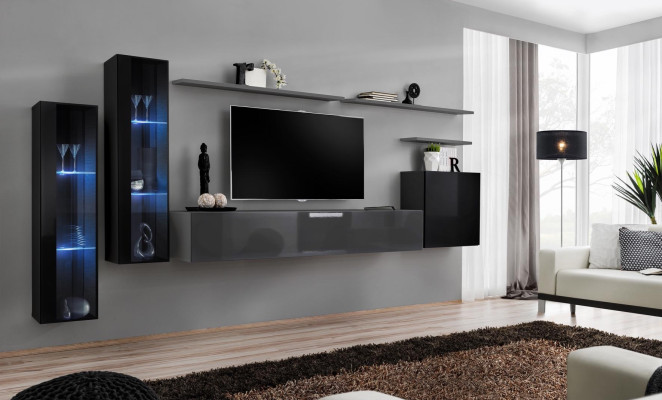 Living room Wood Complete Gray TV Lowboard Design 3x Wall Cabinet Luxury Wall unit