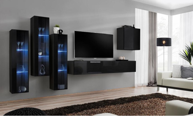 Black Wall unit Living room Set Display case Wardrobe Wall shelf 5pcs. Furnishings