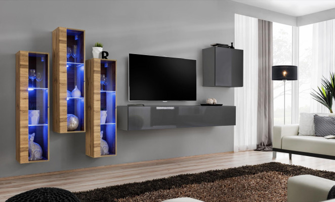Luxury wall unit gray high gloss TV stand designer sideboard living room set