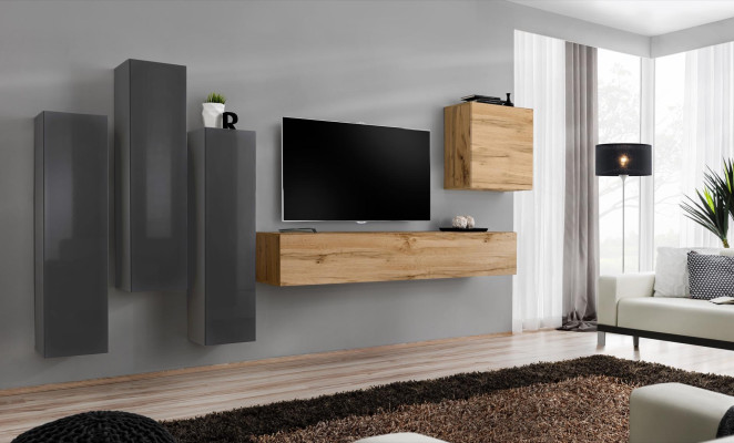 Modern wall unit set 5 pieces living room gray wood furniture wardrobe TV lowboard new