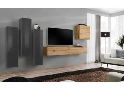 Modern wall unit set 5 pieces living room gray wood furniture wardrobe TV lowboard new