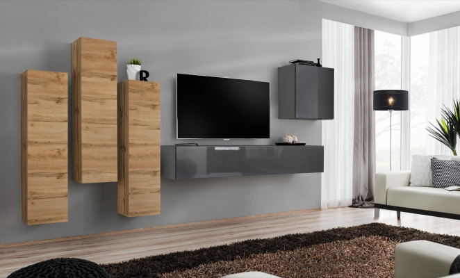 Luxury set wall unit 5 pieces. Living room Furnishings TV-cabinet Wall Cabinet Gray Furniture
