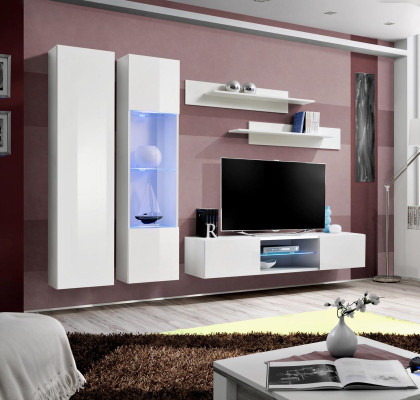 Complete set 5 pieces luxury white wall unit hanging display case wardrobe TV lowboard new