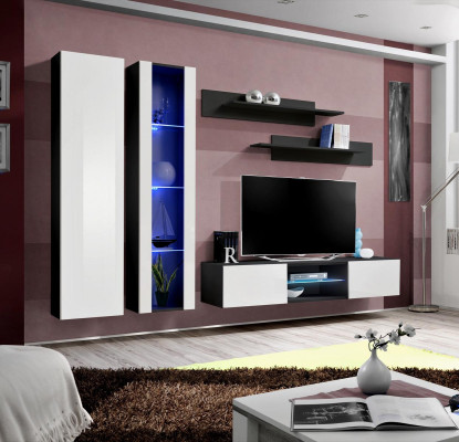 Modern Wall unit Set Black Hanging Display case Designer Living room Furniture TV lowboard