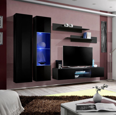Black Complete Wall unit Living room Hanging Display case wall cabinet new