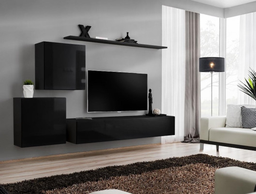 Wall unit Living room Set Black Sideboard Wall shelves 4-piece set wall cabinet