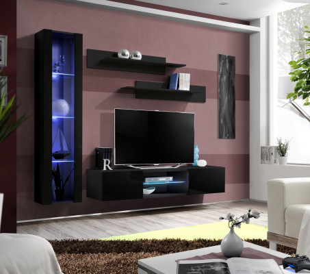 Black Wall unit luxury set 4 pieces. Living room TV cabinet hanging display case modern wall shelves