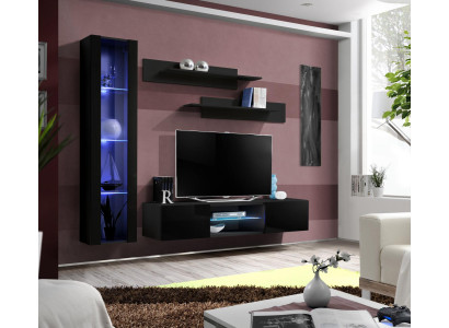 Black Wall unit luxury set 4 pieces. Living room TV cabinet hanging display case modern wall shelves
