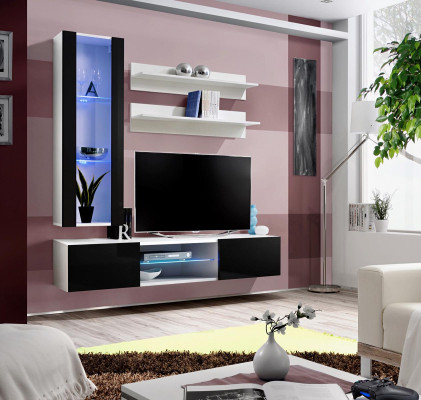 Wall unit wall shelves suite TV lowboard display case living room wood furniture white luxury