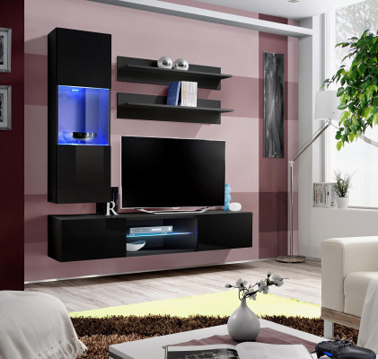 Luxury Hanging Display case Wall unit Set Living room furniture High Gloss Black Furnishings