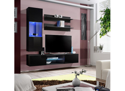 Luxury Hanging Display case Wall unit Set Living room furniture High Gloss Black Furnishings
