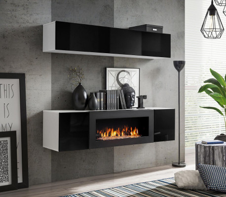 Wall unit Black Hanging Sideboard Wardrobe Chest of drawers 2-piece with fireplace high gloss