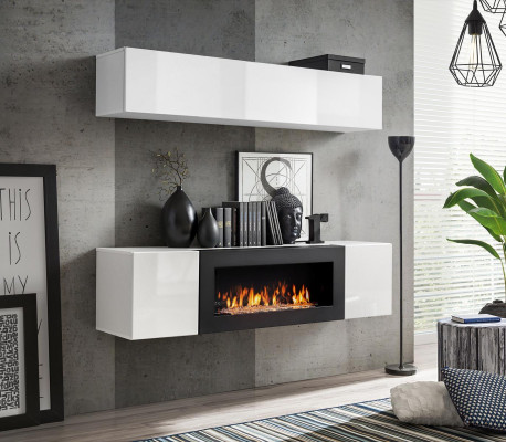Wall unit hanging sideboard wardrobe 2 pieces with fireplace cabinets black high gloss