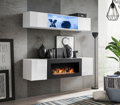 White Wall unit Luxury Hanging Sideboard Wardrobe 2pcs with Fireplace Living room Furniture