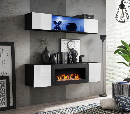 Hanging sideboard living room high gloss with fireplace furniture wall cabinet wardrobe 2 pieces.