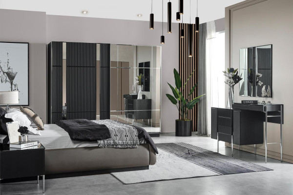 Gray Bedroom Set Double bed 2x Bedside tables Dressing table Mirror