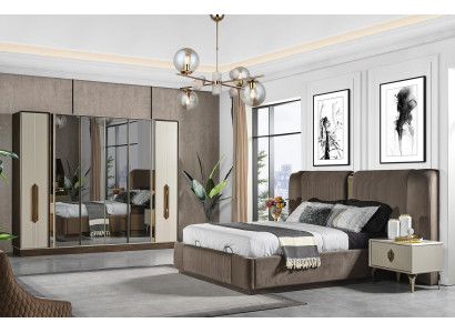 Luxury Brown Bedroom Set Upholstery Bed 2x Bedside tables Wardrobe