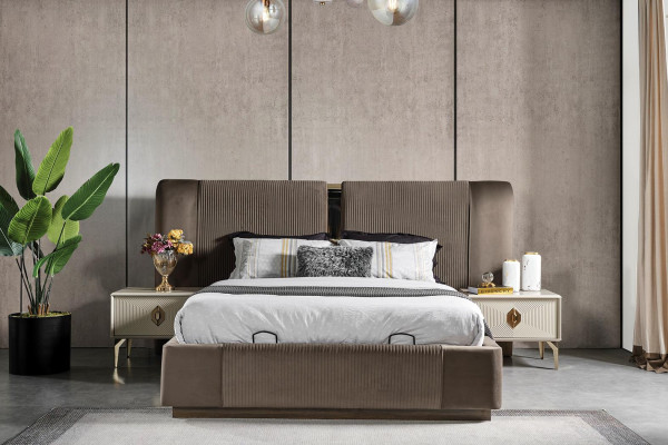 Luxury Brown Bedroom Set Upholstery Bed 2x Bedside tables Wardrobe