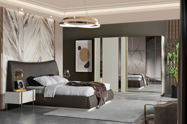 Brown bedroom set Designer Bed 2x Bedside tables Wardrobe