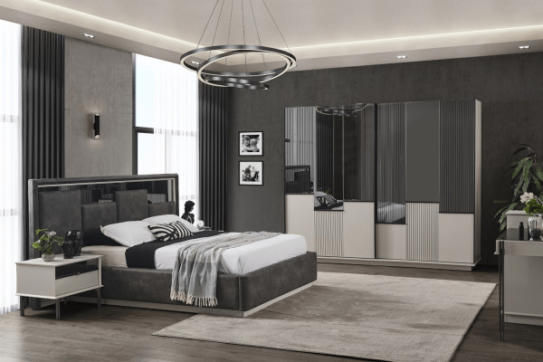 Black and white Bedroom Set Designer Bed 2x Bedside tables Wardrobe