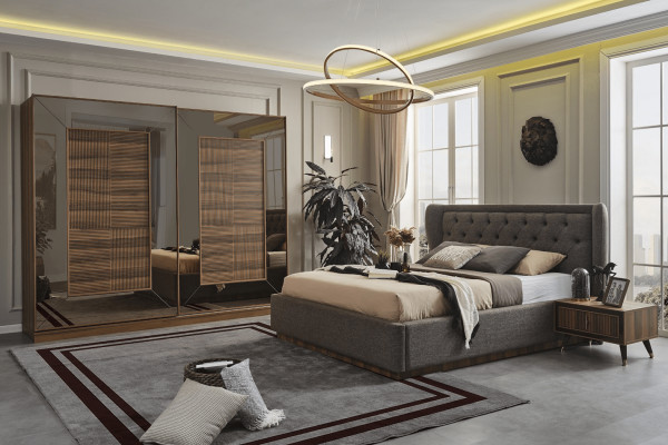Bedroom set Upholstered bed 2x Bedside tables Wardrobe 4-piece set