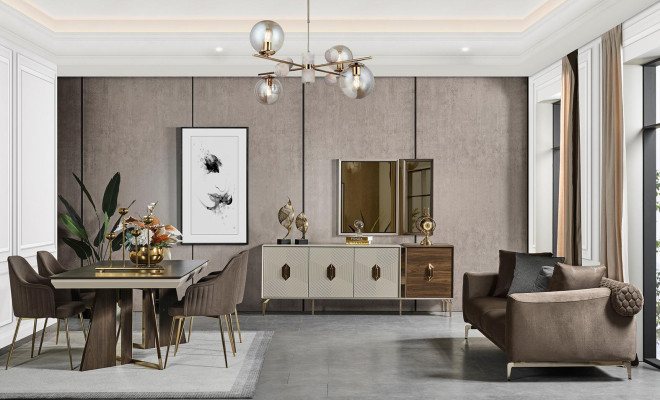 Luxurious Dining room Set Stylish Dining table 6x Chairs Sideboard Mirror