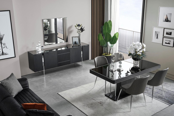 Black Dining room set Dining table 4x Chairs Sideboard Mirror 7-piece set