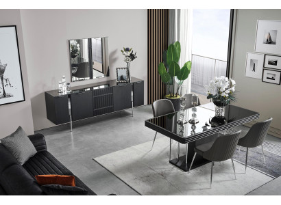 Black Dining room set Dining table 4x Chairs Sideboard Mirror 7-piece set