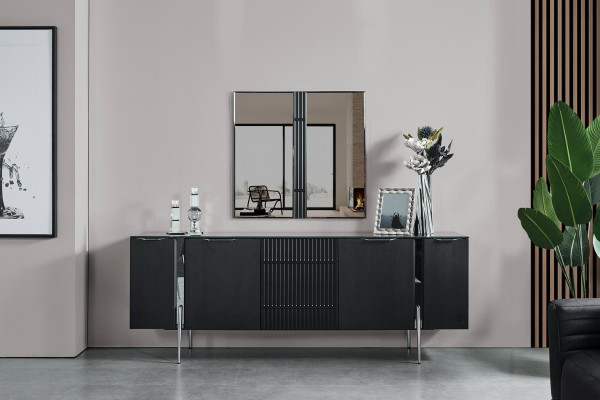 Black Dining room set Dining table 4x Chairs Sideboard Mirror 7-piece set