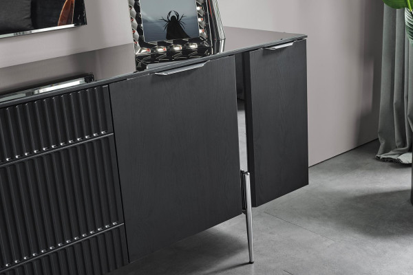 Black Dining room set Dining table 4x Chairs Sideboard Mirror 7-piece set