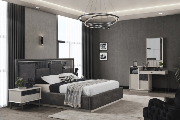Gray Bedroom Bed 2x Bedside tables Dressing table Luxury Mirror 4pcs
